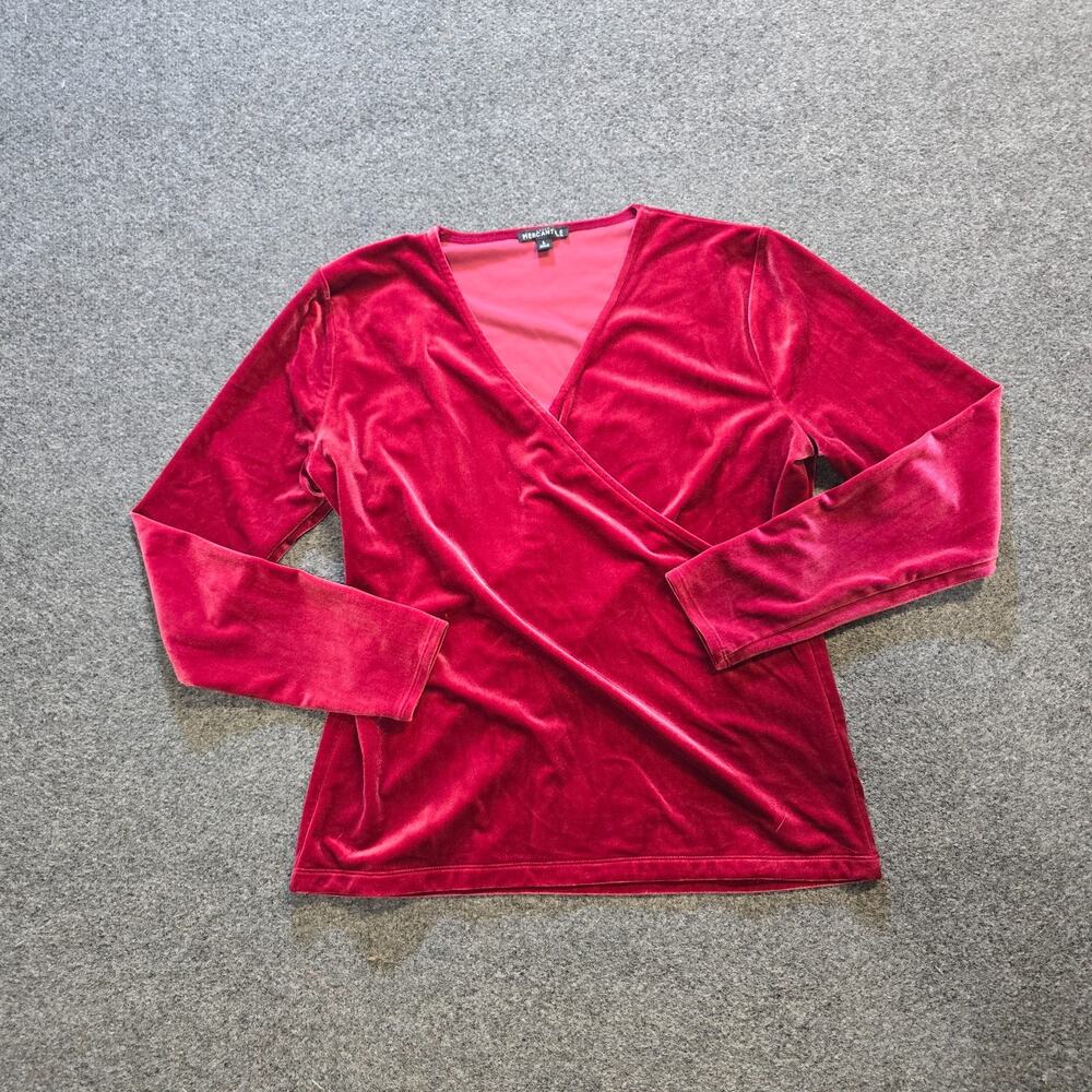 J Crew Top Women Size Large Red Velour Deep V Long Sleeve Deep V Stretchy Casual